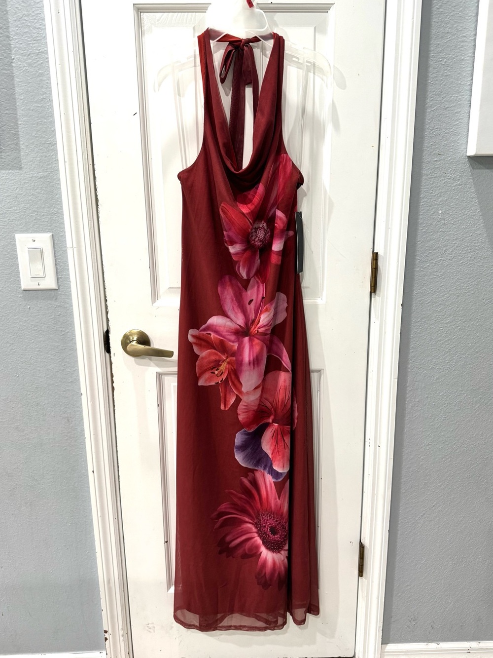 Fashion Brand Company Burgundy Halter Maxi Dress with Pink Floral Print